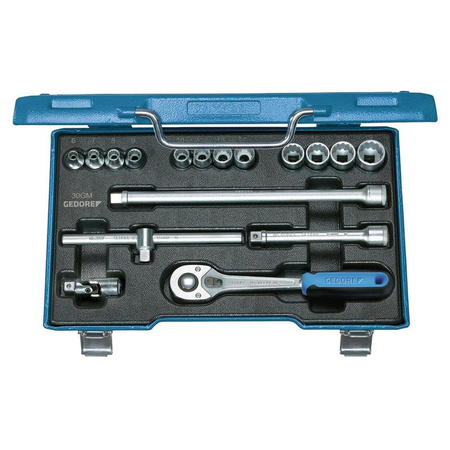 Zestaw kluczy nasadowych 3/8" UD-profil (17 elementów), rozmiary 6-19 mm z solidną dźwigniową grzechotką, przedłużką, przegubem kardana i uchwytem krzyżowym , Gedore D 30 GMU-10, 6239380