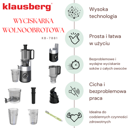 Wyciskarka wolnoobrotowa do owoców i warzyw, pionowa, szara, 180 W, Klausberg