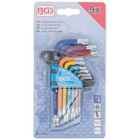 Zestaw 9 krótkich kluczy imbusowych Torx z otworem i kulką T10 - T50, BGS 74463