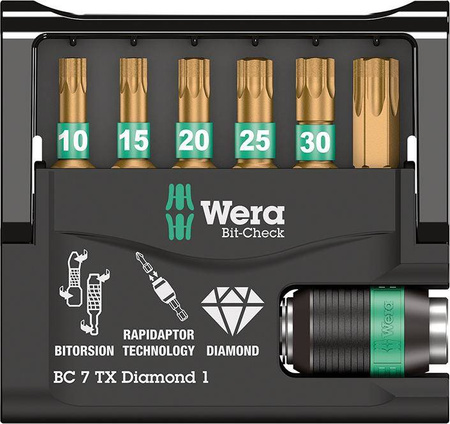 Zestaw bitów TORX® BiTorsion z uchwytem Rapidator Bit-Check 7 TX Diamond 1 Wera