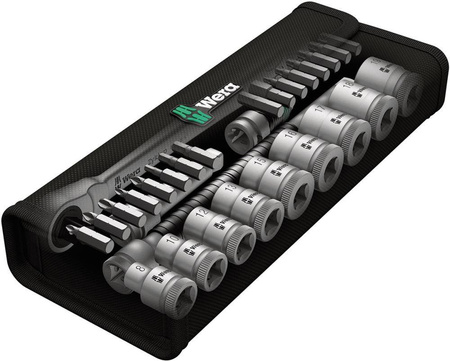 Grzechotka Zyklop Metal z przekładanym zabierakiem 1/2" w zestawie z bitami i końcówkami wymiennymi klucza nasadowego 8100 SC 7 Wera