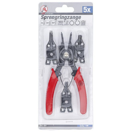 Szczypce do pierścieni rozprężnych z zestawem wymiennych końcówek 160 mm, 5 szt., BGS Diy 454