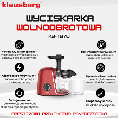 Wyciskarka wolnoobrotowa do owoców i warzyw, pozioma, wiśniowa czerwień, 150 W, Klausberg