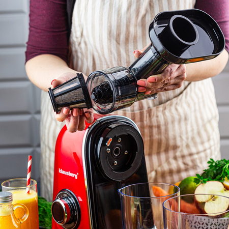 Wyciskarka wolnoobrotowa do owoców i warzyw, pozioma, wiśniowa czerwień, 150 W, Klausberg