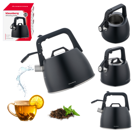 Czarny czajnik z gwizdkiem 2,5 l na gaz i indukcję, Klausberg