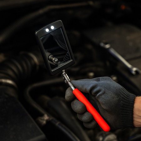 Lusterko inspekcyjne teleskopowe z oświetleniem LED prostokątne 52x83 mm, uchwyt 876 mm PRAXER