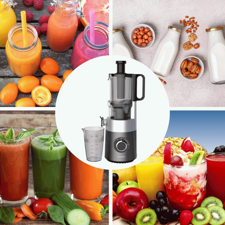 Wyciskarka wolnoobrotowa do owoców i warzyw, pionowa, szara, 180 W, Klausberg