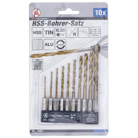 Zestaw 10 wierteł spitalnych HSS 1,5-6 mm powlekanych azotkiem tytanu, BGS Diy 50801