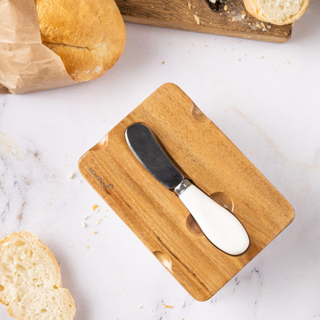 Maselniczka ceramiczna biała z pokrywką z drewna akacjowego i nożem Klausberg